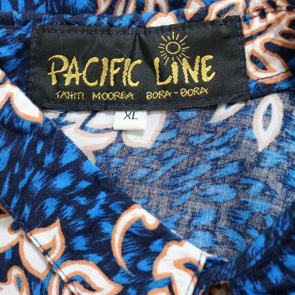 Pacific Line Bora Bora Aloha Camp Shirt Mens XL Deep Blue w Hibiscus - Picture 2 of 6